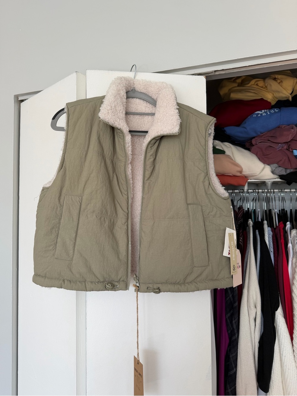 Quilted Sherpa-Lined Vest in Olive Green